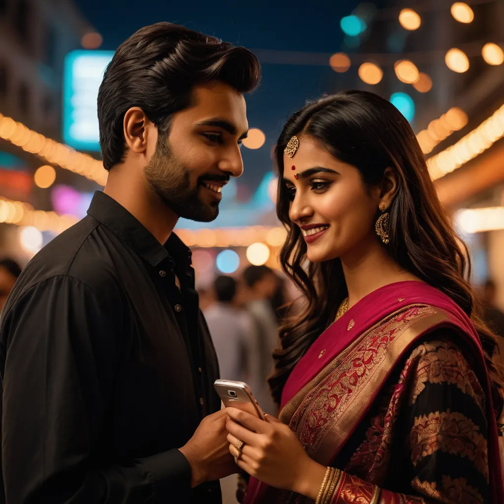 a man and a woman standing together looking at a cell phone together in a city at night time,, samikshavad, a stock photo, Ella Guru, promotional image