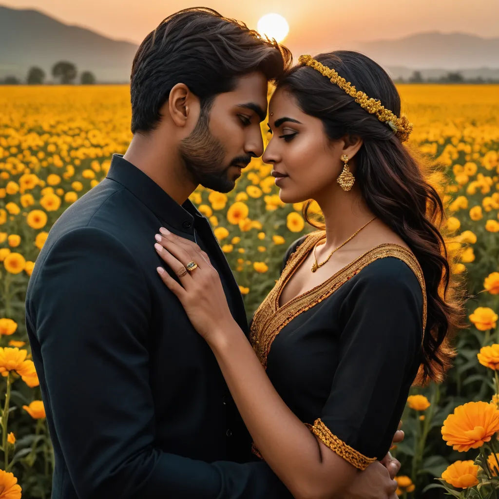 a man and woman standing in a field of flowers with the sun setting behind them and the sky in the background, romanticism, a stock photo, Anthony Devas, jayison devadas