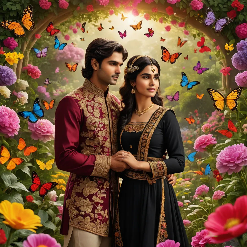 a man and woman standing in front of a flower garden with butterflies around them and a butterfly archway in the background, cloisonnism, a poster, Altoon Sultan, promotional image