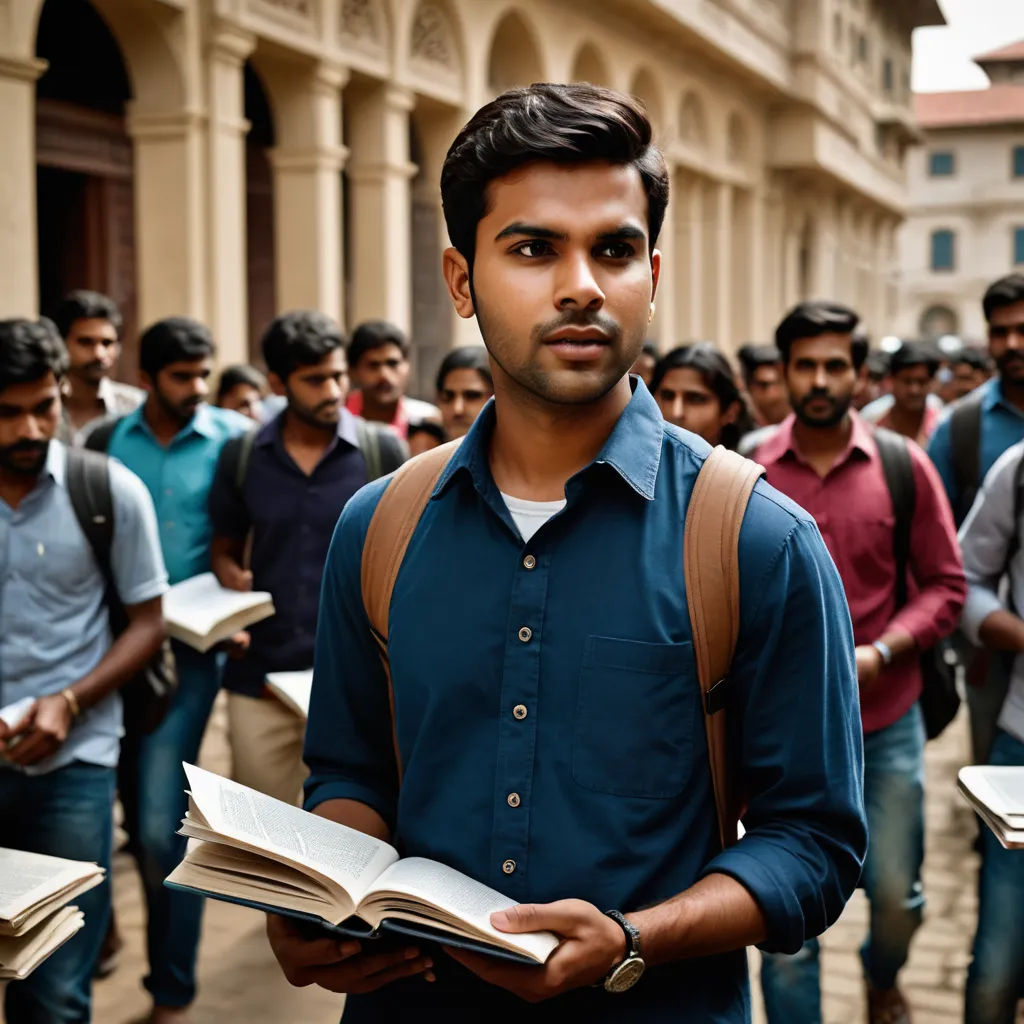 a man holding a book in front of a crowd of people in a street with buildings in the background, samikshavad, a character portrait, Ella Guru, movie still frame