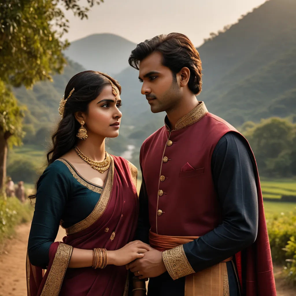 a man and a woman dressed in indian attire standing together in front of a mountain range with a valley in the background, samikshavad, a poster, Bholekar Srihari, promotional image