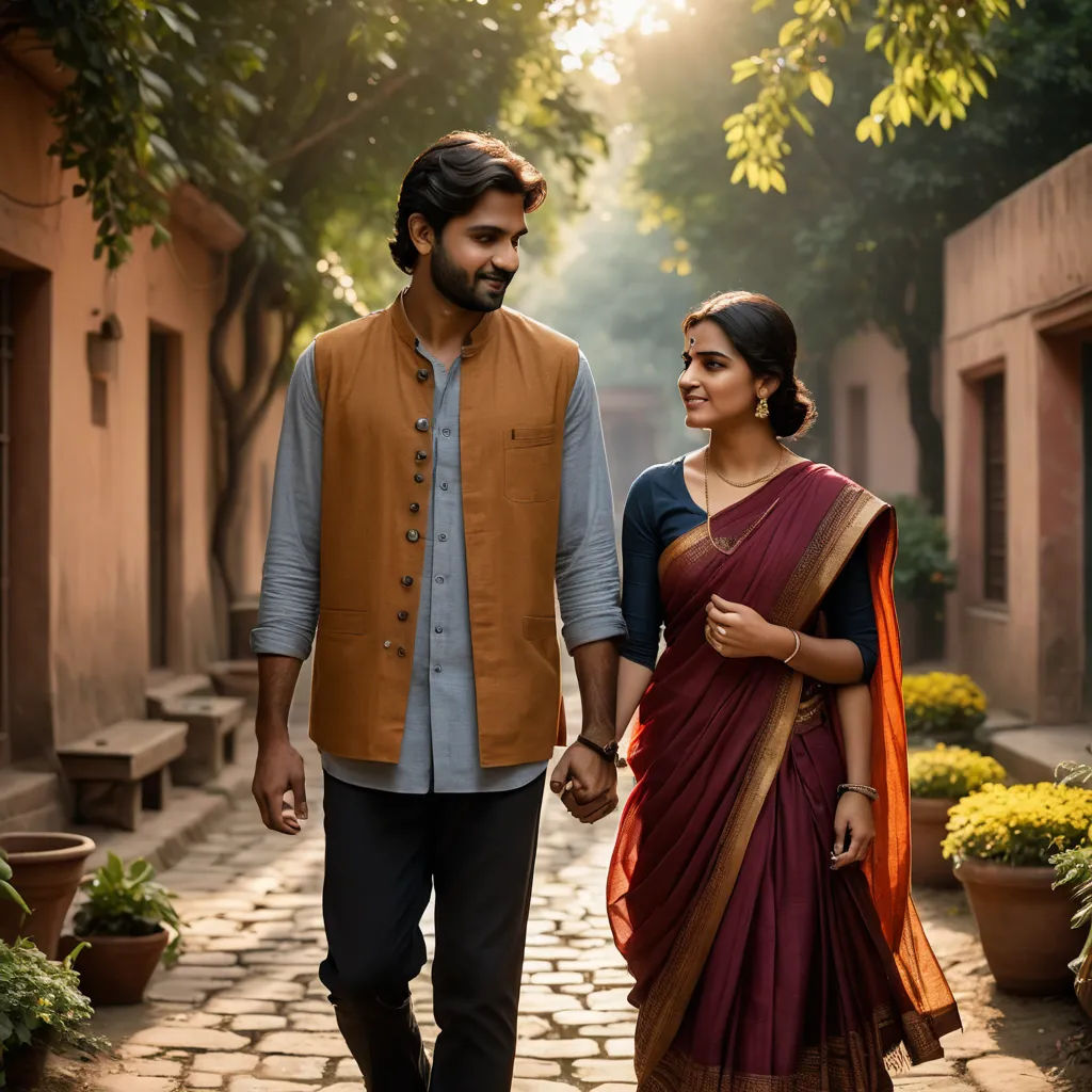 a man and woman walking down a street holding hands and smiling at each other, with a man in a brown vest and a woman in a red sari, samikshavad, a poster, Bholekar Srihari, promotional image