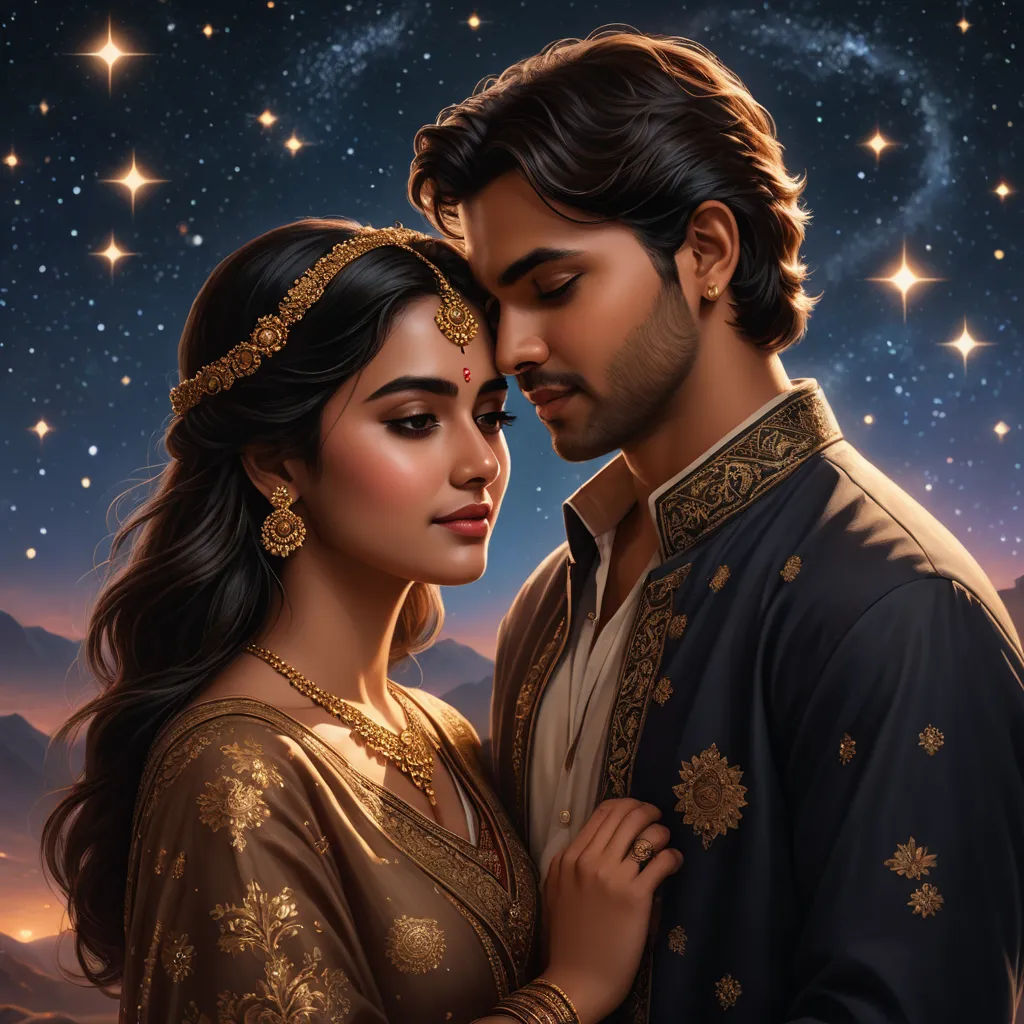 a painting of a man and woman in a desert setting with stars in the sky above them and a night sky with stars in the background, fantasy art, a detailed painting, Colin Middleton, highly detailed digital painting