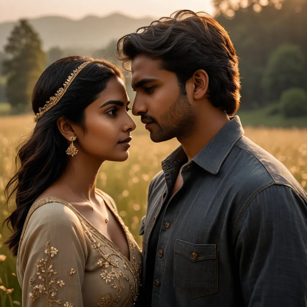 a man and a woman standing in a field of flowers with a sunset in the background and trees in the distance, samikshavad, a poster, Anthony Devas, promotional image