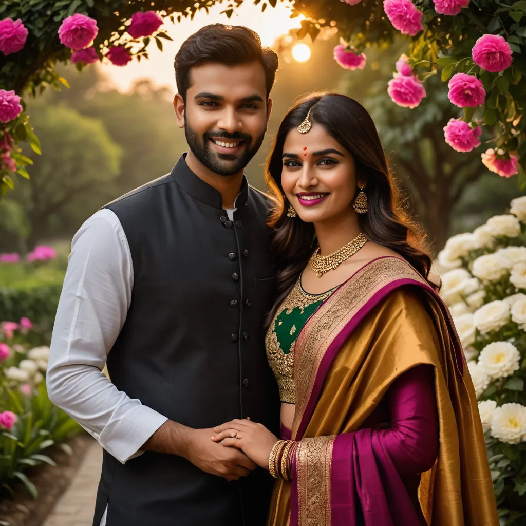a man and woman standing next to each other in front of flowers and trees with pink flowers in the background, samikshavad, a picture, Anthony Devas, jayison devadas