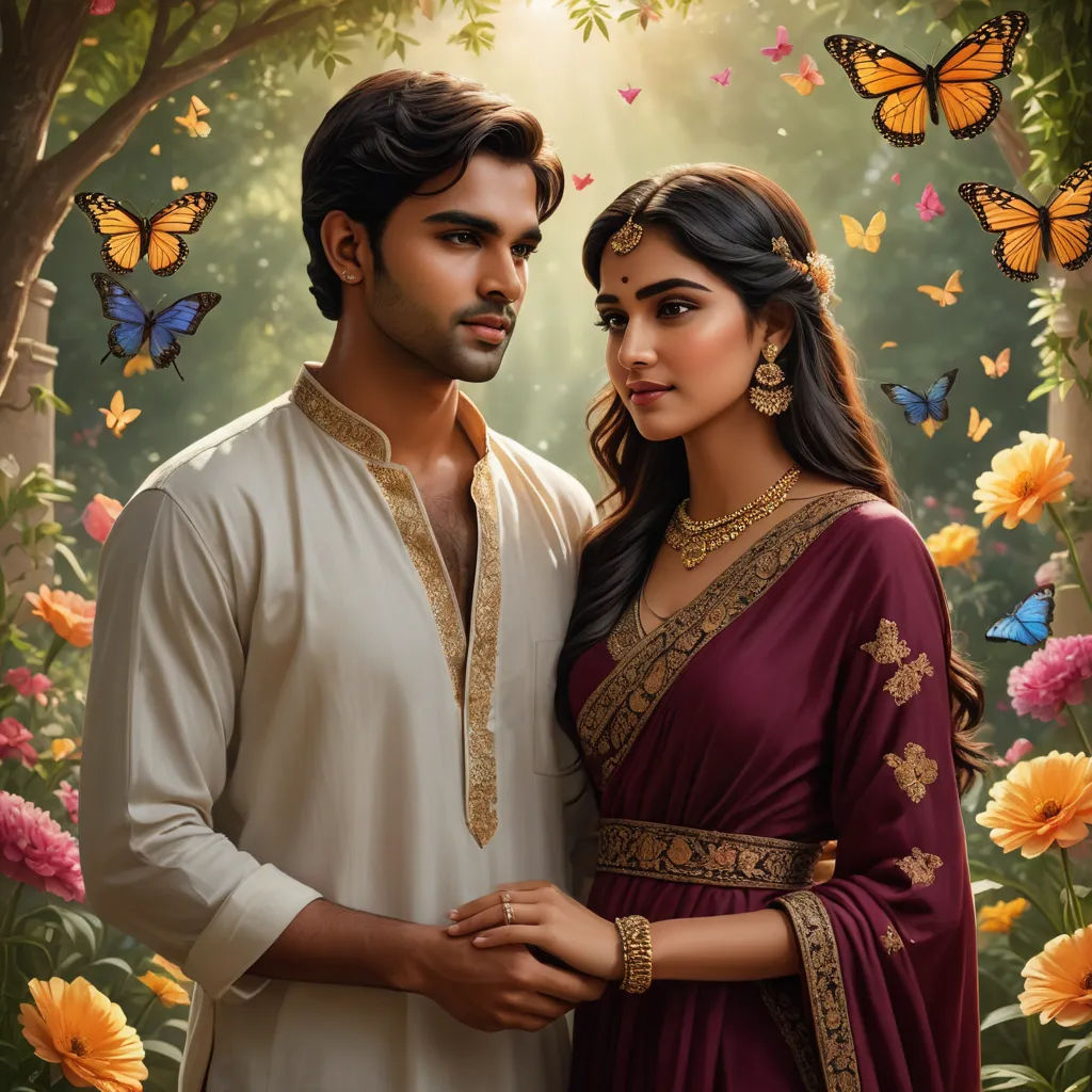 a man and a woman standing in front of a butterfly backdrop with flowers and butterflies around them, both wearing traditional indian clothing, cloisonnism, a painting, Anthony Devas, promotional image
