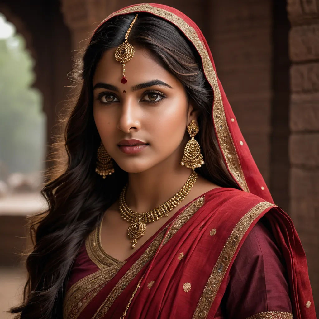a woman in a red sari and gold jewelry looks into the camera with a serious look on her face, samikshavad, a poster, Ella Guru, promotional image