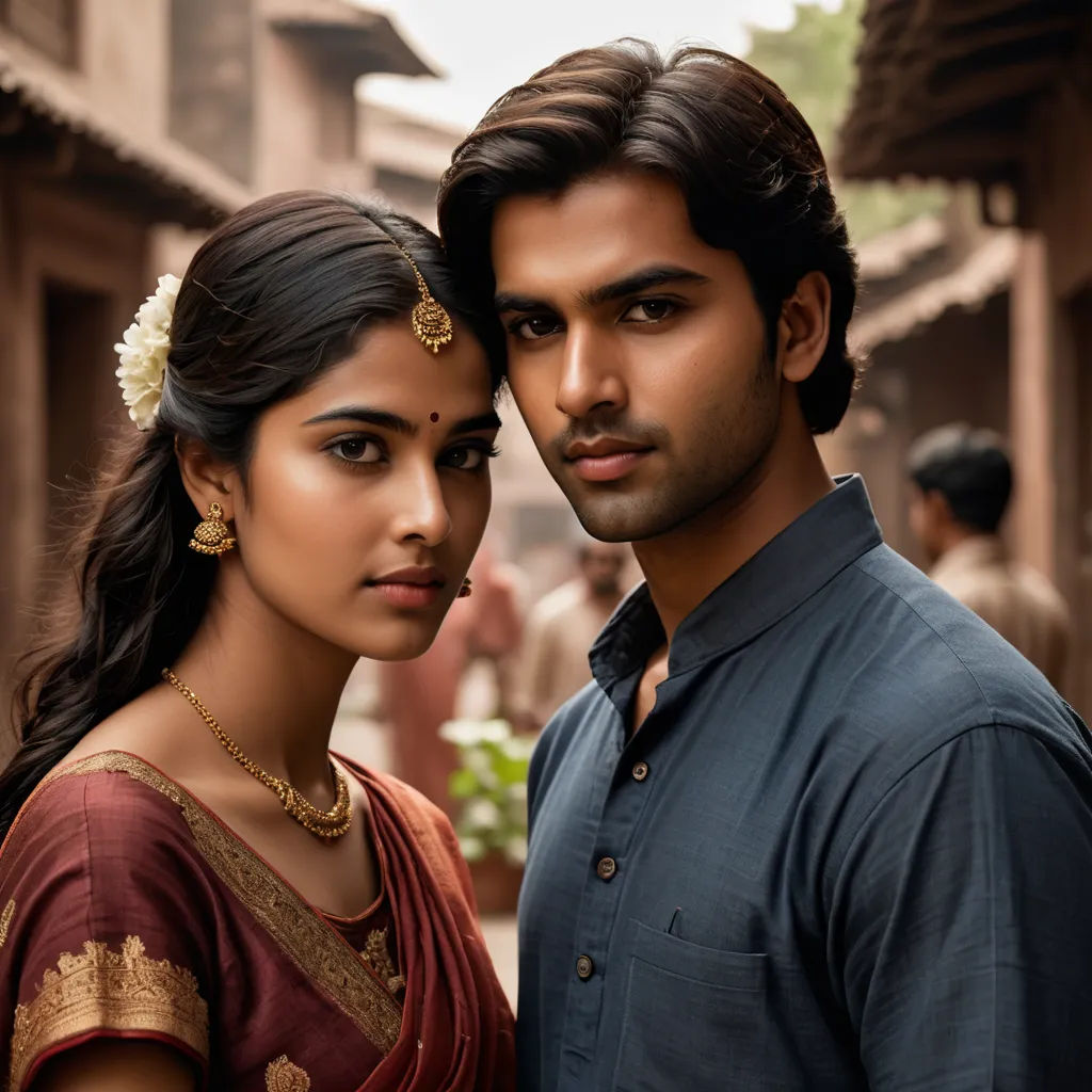 a man and a woman standing next to each other in a street with people in the background and a building in the background, samikshavad, a poster, Bholekar Srihari, promotional image