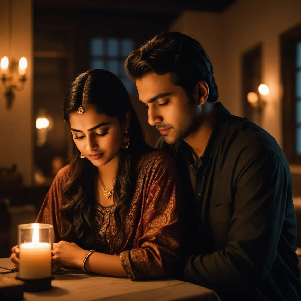 a man and woman sitting at a table looking at a candle in front of them, with a lit candle in front of them, hurufiyya, a stock photo, Fathi Hassan, movie still