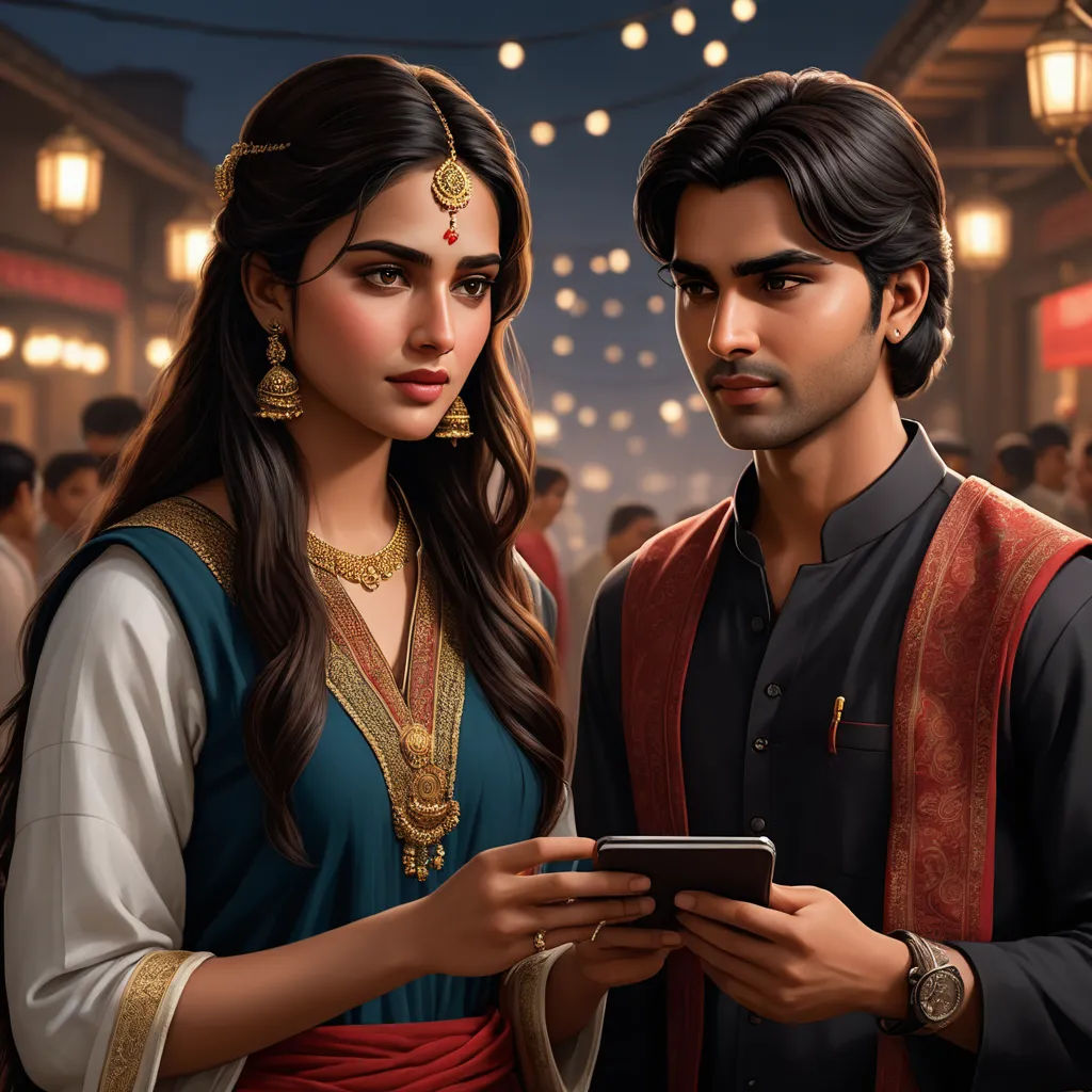 a man and a woman standing next to each other in a room with lights on the ceiling and a phone in their hands, bengal school of art, a photorealistic painting, Anthony Devas, ultra realistic digital art