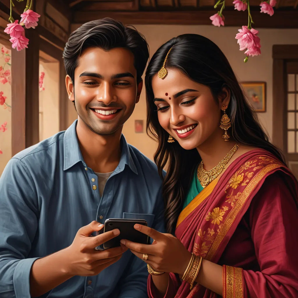 a painting of a couple looking at a cell phone together, with pink flowers in the background and a man in a blue shirt, samikshavad, an oil on canvas painting, Bholekar Srihari, highly detailed digital painting