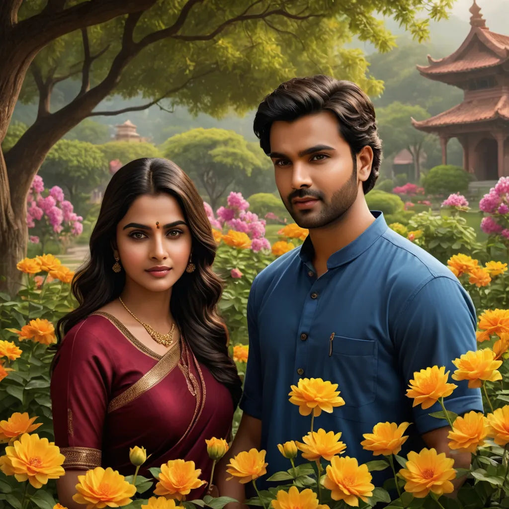 a painting of a man and woman standing in a field of flowers with a pagoda in the background and a tree in the foreground, cloisonnism, a detailed matte painting, Chris LaBrooy, promotional image
