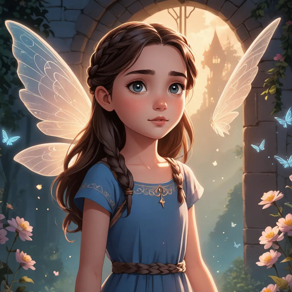 a little girl in a blue dress standing in front of a doorway with a fairy on it's side, fantasy art, a storybook illustration, Cliff Childs, rossdraws global illumination
