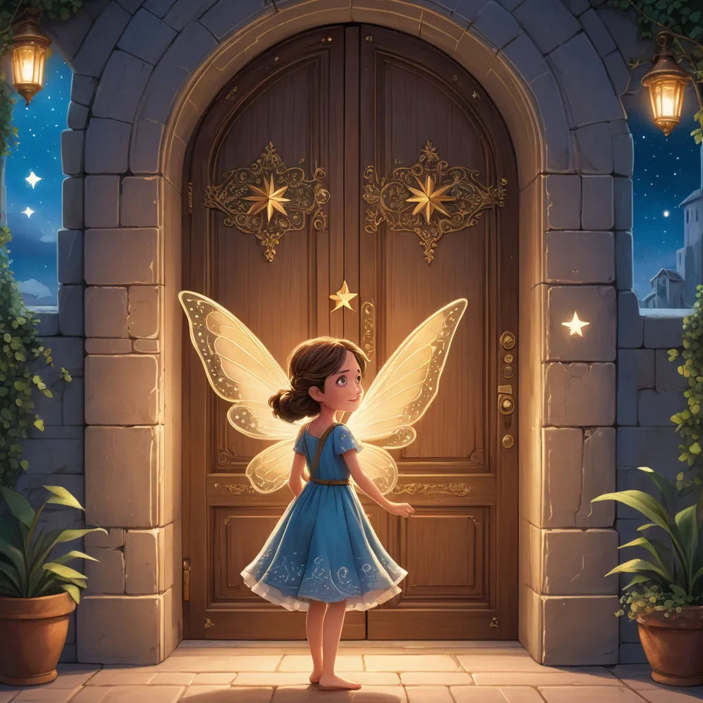 a little girl dressed in a fairy tale standing in front of a door with a fairy wings on her back, magical realism, a storybook illustration, Cliff Childs, storybook illustration