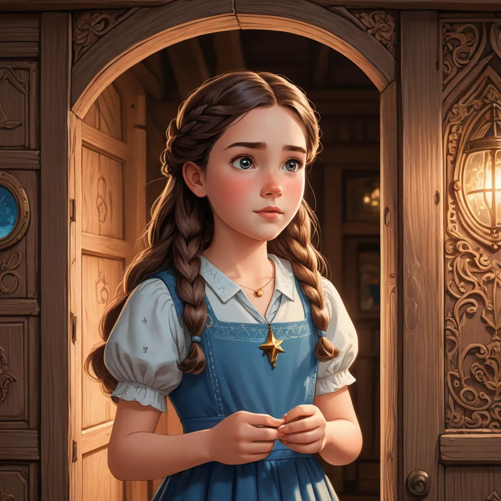 a girl in a blue dress standing in front of a door with a star on her necklace and a star in her hand, sots art, a storybook illustration, Clarice Beckett, rossdraws global illumination