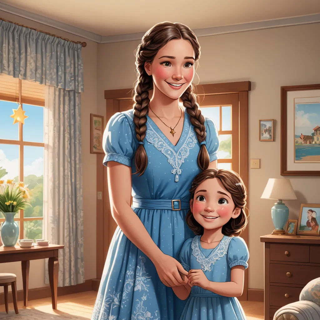 a painting of a mother and daughter in a living room with a window and a table with a vase, sots art, a storybook illustration, Anne Said, official art