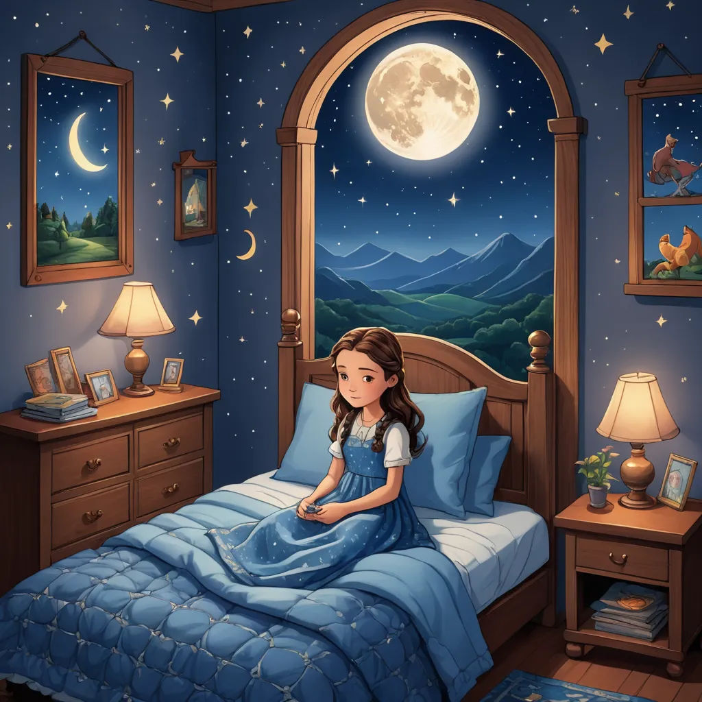 a girl sitting on a bed in a room with a view of the moon and stars above her head, magical realism, a storybook illustration, Alice Prin, storybook illustration