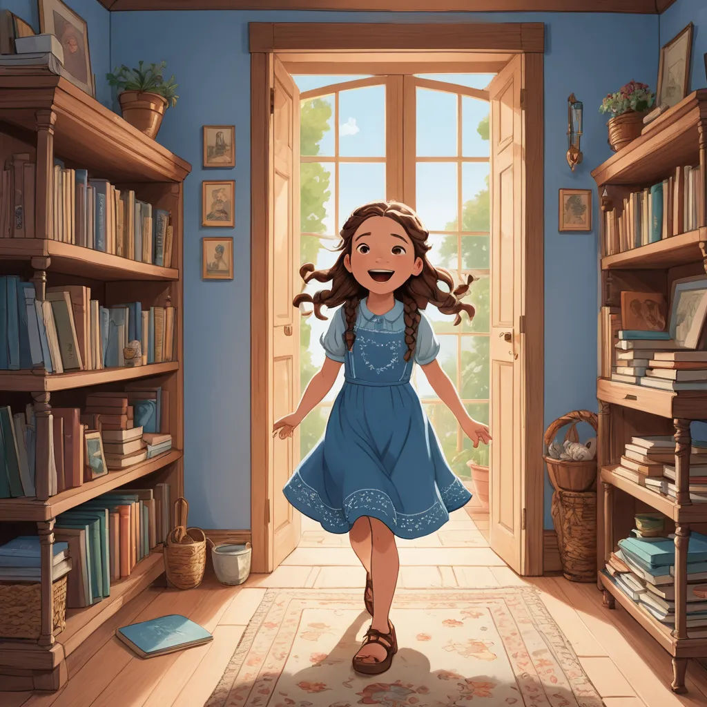 a girl in a blue dress is walking into a library with bookshelves and a door open to a room with a bookcase full of books, art & language, a storybook illustration, Anne Said, official art