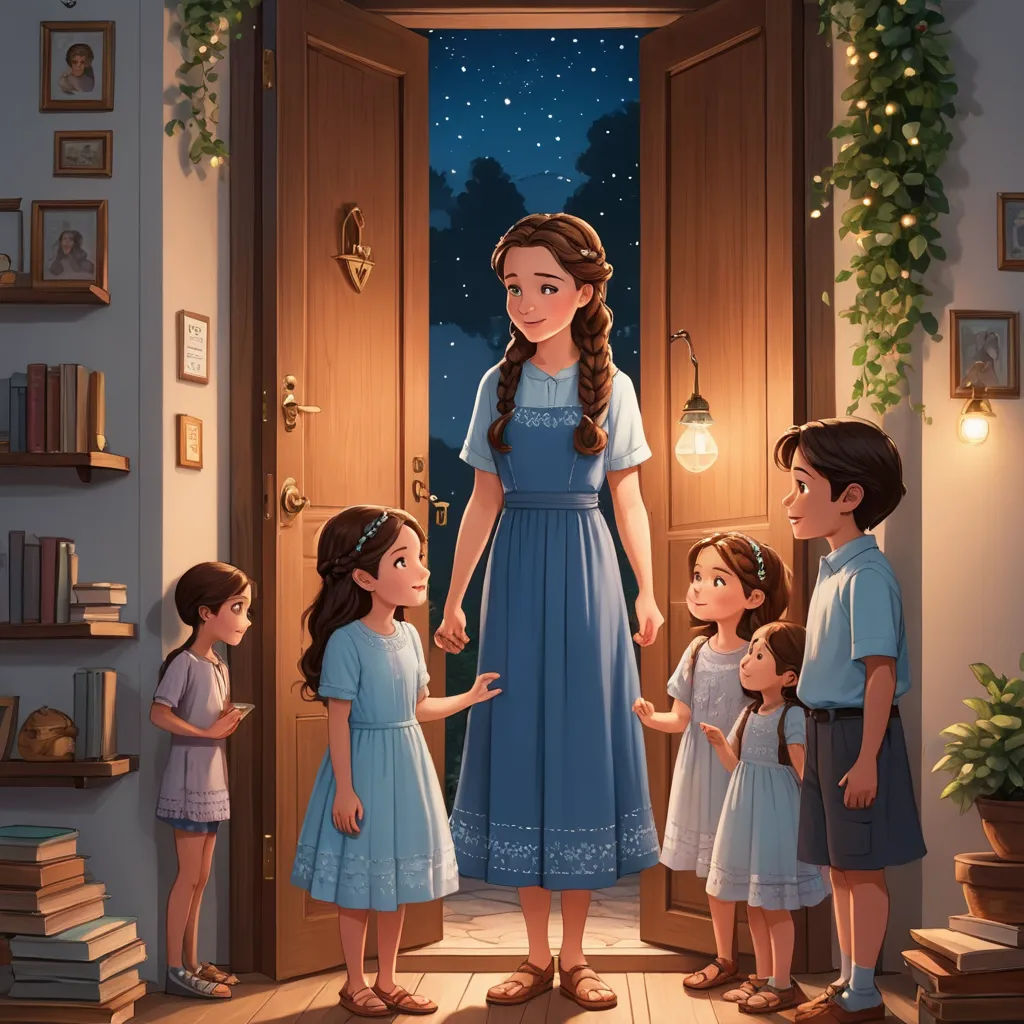 a group of children standing in front of a door with a woman in a blue dress and a man in a white shirt, sots art, a storybook illustration, Anne Said, official art