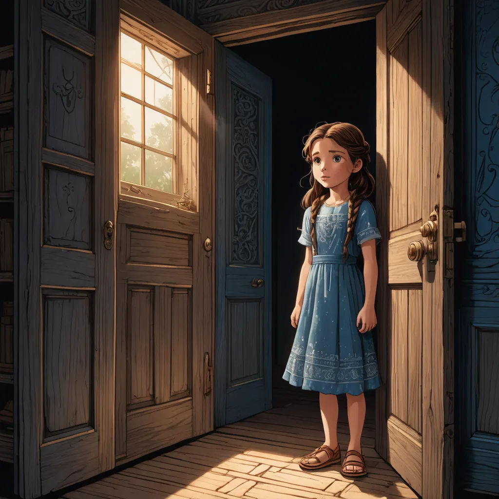 a little girl standing in a doorway with a light shining on her face and a door open to a room with a door and a window, photorealism, a storybook illustration, Clarice Beckett, rossdraws global illumination