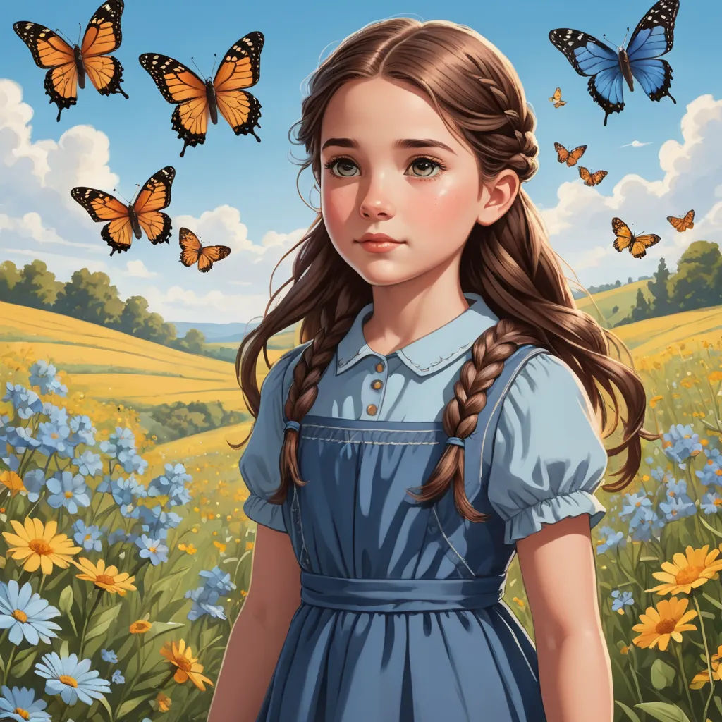 a painting of a girl in a blue dress with butterflies flying around her head and a field of flowers, fantasy art, an ultrafine detailed painting, Artgerm, trending on art station