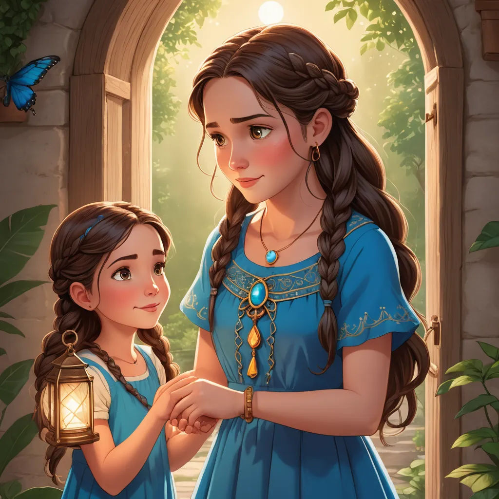 a painting of a girl and a girl holding hands with a lantern in front of a doorway with a butterfly flying overhead, fantasy art, a storybook illustration, Artgerm, storybook illustration