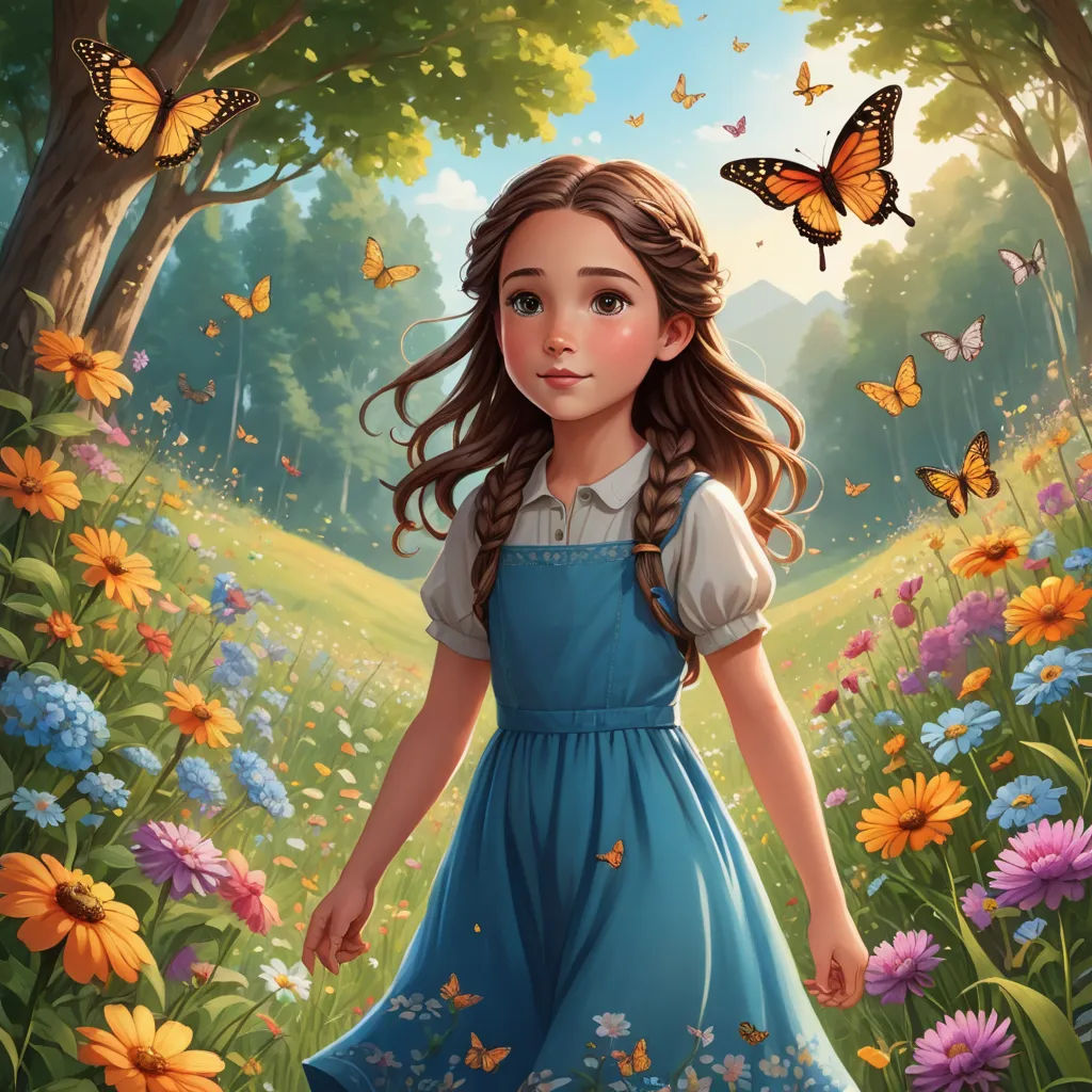 a painting of a girl in a blue dress in a field of flowers with butterflies flying overhead and a butterfly in the sky, magical realism, a storybook illustration, Alice Prin, rossdraws global illumination