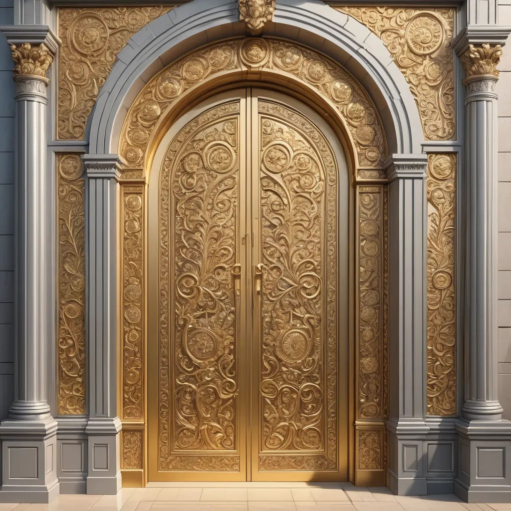 a gold door with a large arch and a clock on the side of it in a building with a stone floor, neoclassicism, a digital rendering, Edwin Deakin, unreal engine 5 highly rendered