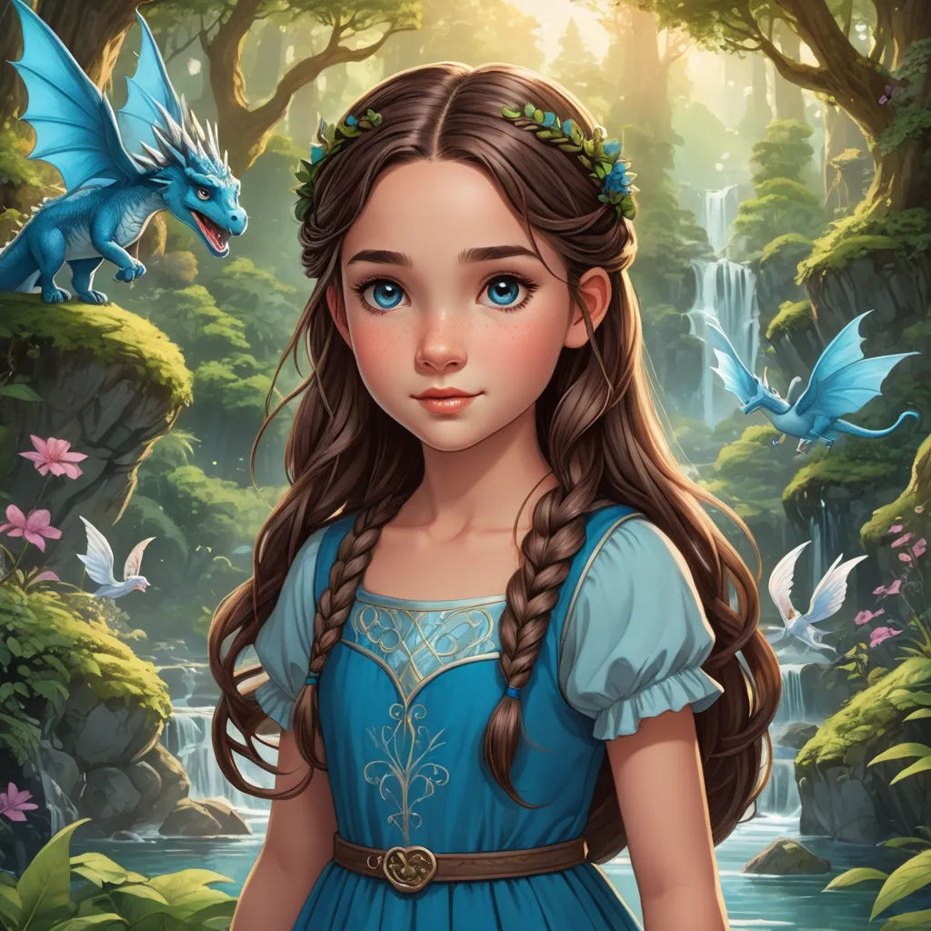 a girl in a blue dress standing in front of a waterfall with a dragon on it's head, fantasy art, a storybook illustration, Artgerm, highly detailed digital painting