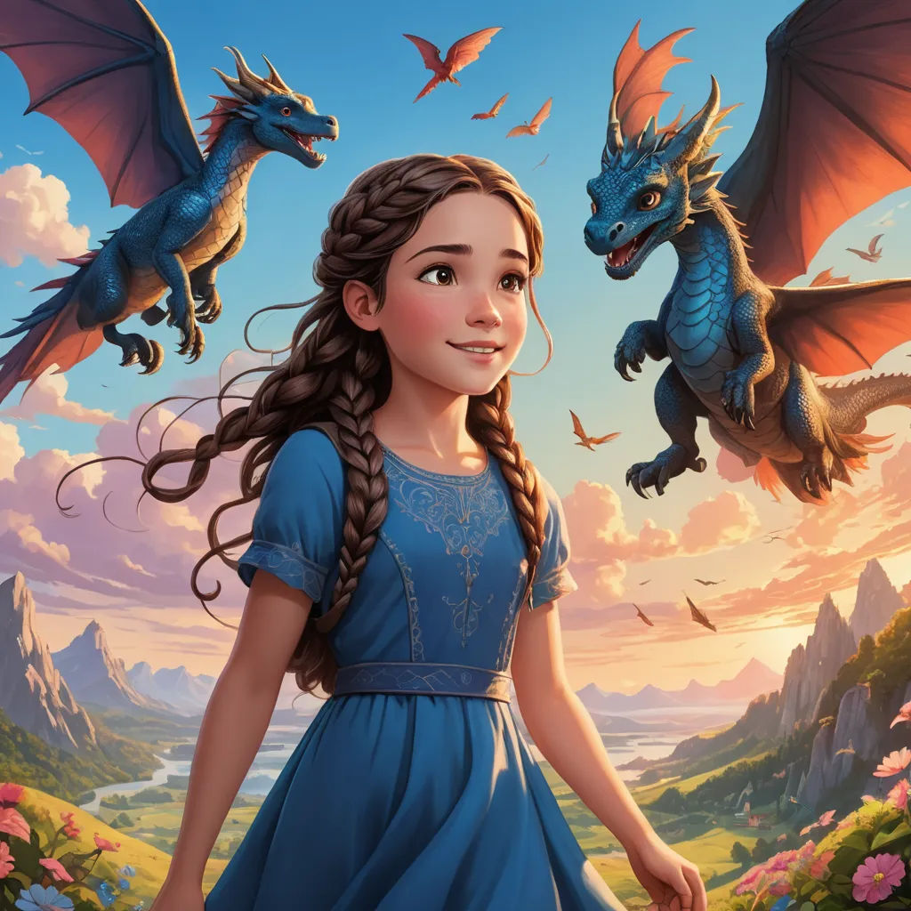 a girl in a blue dress standing next to a dragon and a bird in the sky with a mountain in the background, fantasy art, a storybook illustration, Clint Cearley, official art