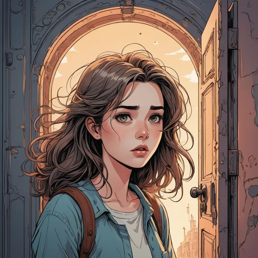 a woman standing in front of a doorway with a backpack on her shoulder and a backpack on her shoulder, fantasy art, a comic book panel, Artgerm, rossdraws global illumination