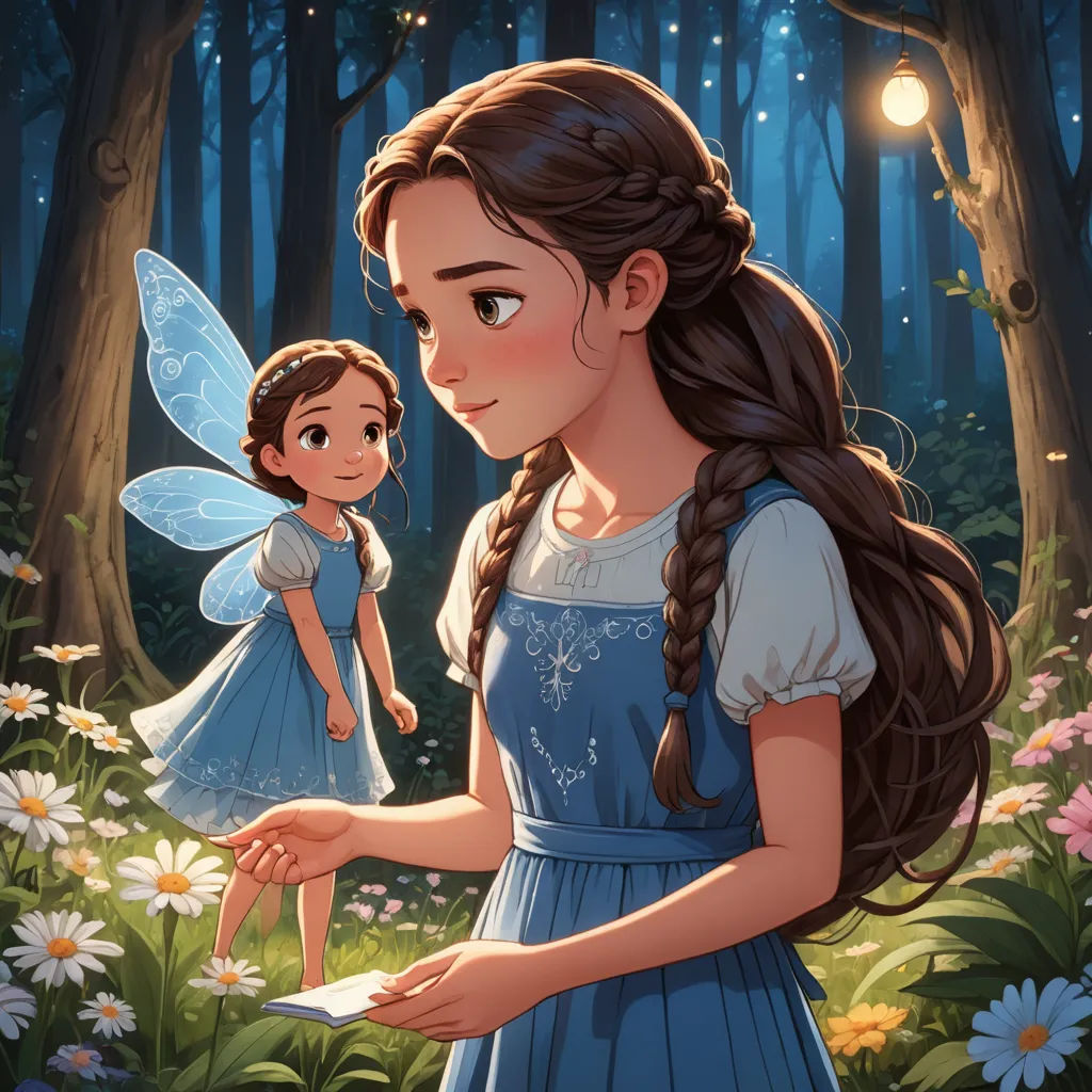 a girl and a fairy in a forest with flowers and a light bulb in the background, looking at each other, fantasy art, a storybook illustration, Cliff Childs, rossdraws global illumination