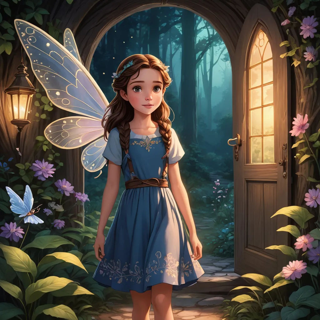 a little girl dressed in a blue dress standing in front of a doorway with a fairy costume on and a butterfly flying over her shoulder, fantasy art, a storybook illustration, Anne Stokes, kinkade