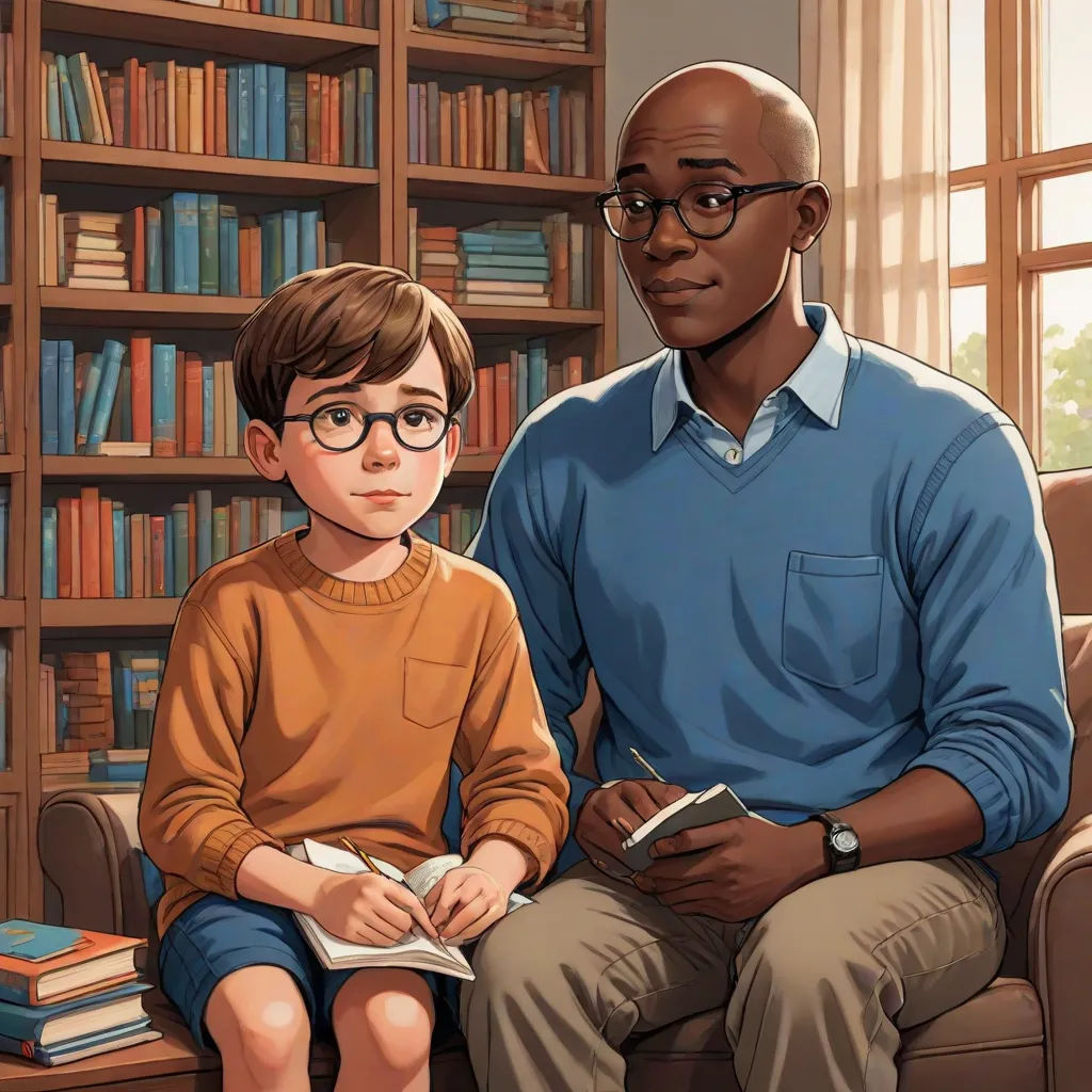 a man and a boy sitting on a couch in front of a bookcase with books on it and a book, american scene painting, a storybook illustration, F Scott Hess, official art