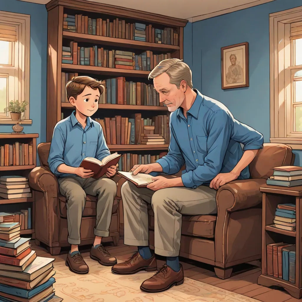 a man and a boy sitting on a couch reading a book together in a library with bookshelves, american scene painting, a storybook illustration, F Scott Hess, storybook illustration