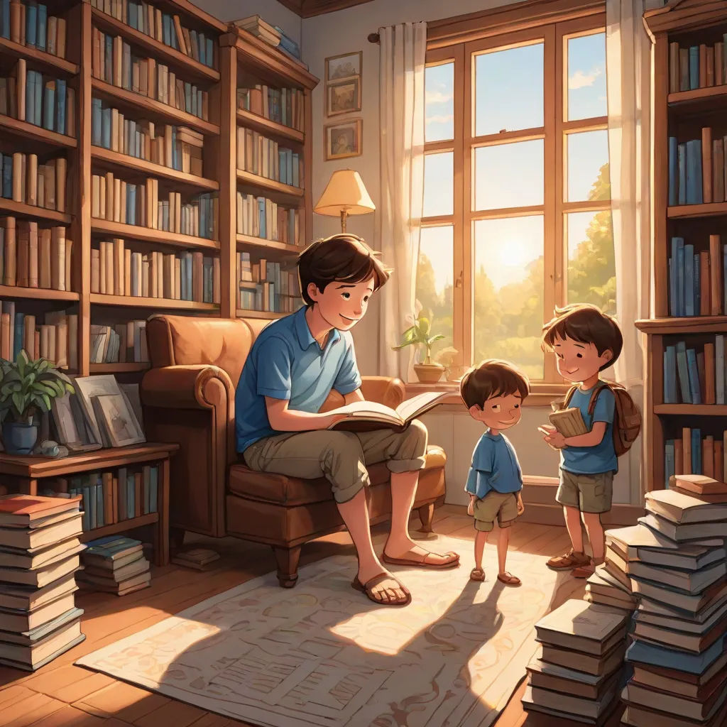 a woman and two children are reading a book in a library with a window and bookshelves full of books, magic realism, a storybook illustration, Diego Gisbert Llorens, storybook illustration