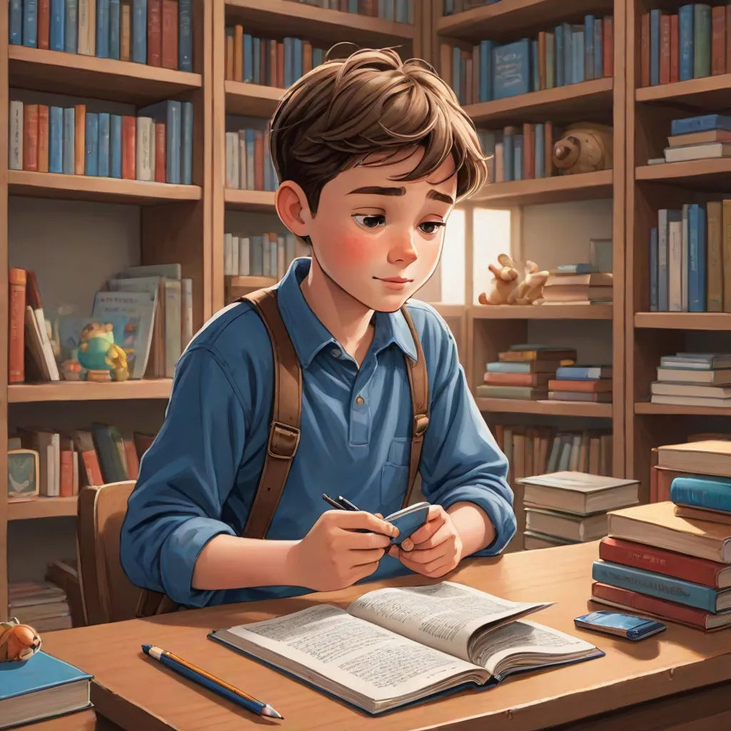 a boy sitting at a desk with a book and pen in his hand and a book in front of him, photorealism, a storybook illustration, Aaron Jasinski, rossdraws global illumination