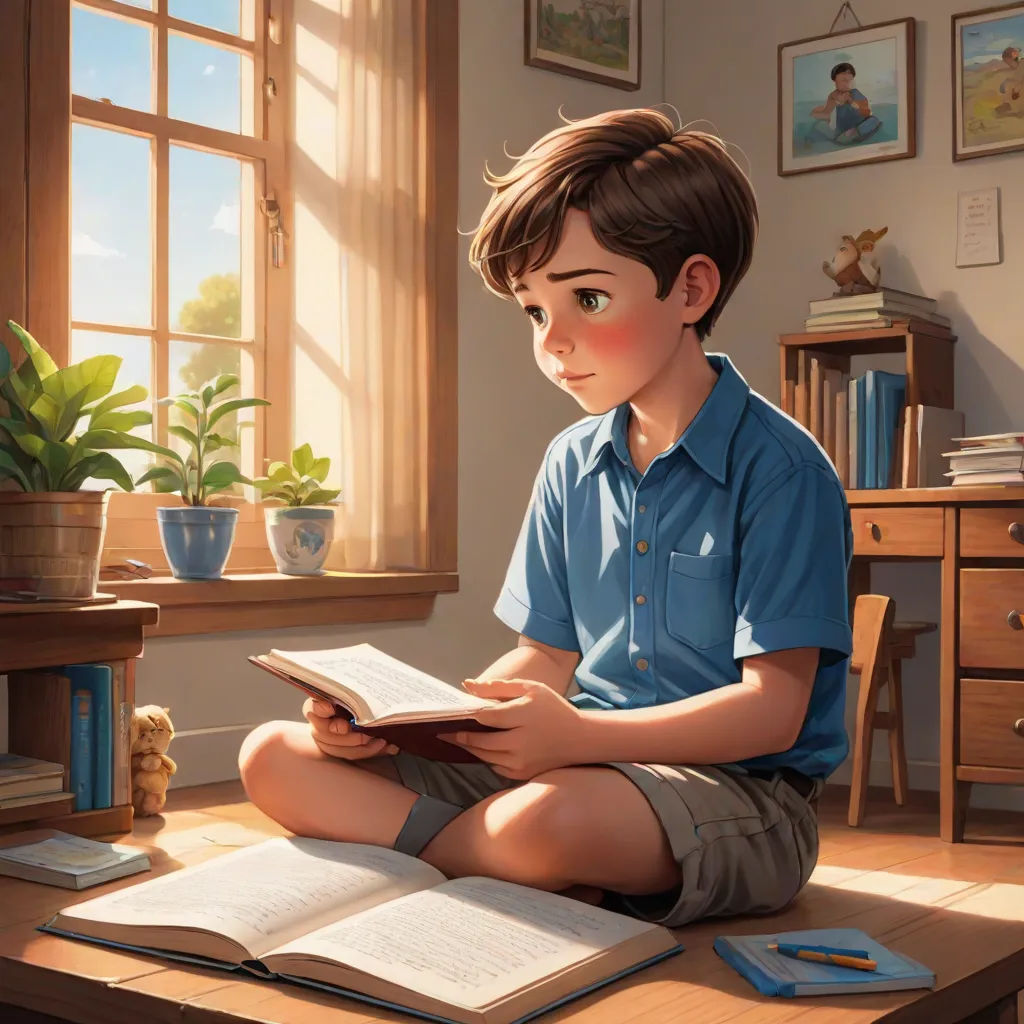 a boy sitting on a table reading a book in a room with a window and a potted plant, photorealism, a storybook illustration, Aaron Jasinski, rossdraws global illumination