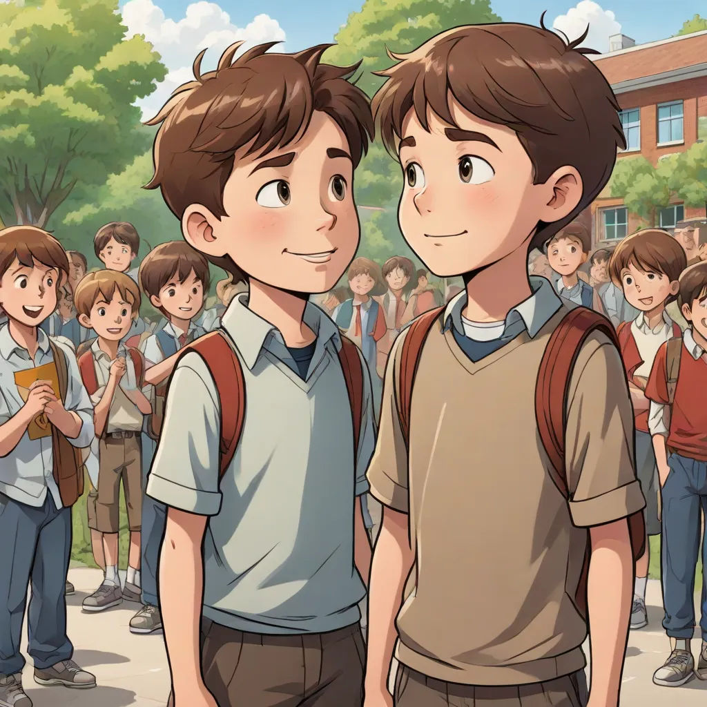 two young boys standing in front of a crowd of people in a school yard with a book in their hands, serial art, a storybook illustration, Adam Manyoki, official art