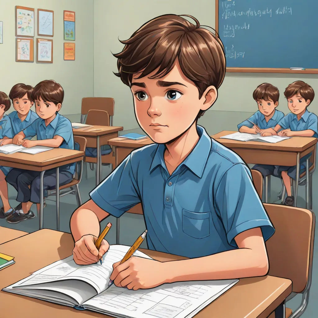 a boy is sitting at a desk with a book and pencil in his hand and a book in front of him, serial art, a comic book panel, Cedric Seaut (Keos Masons), official art