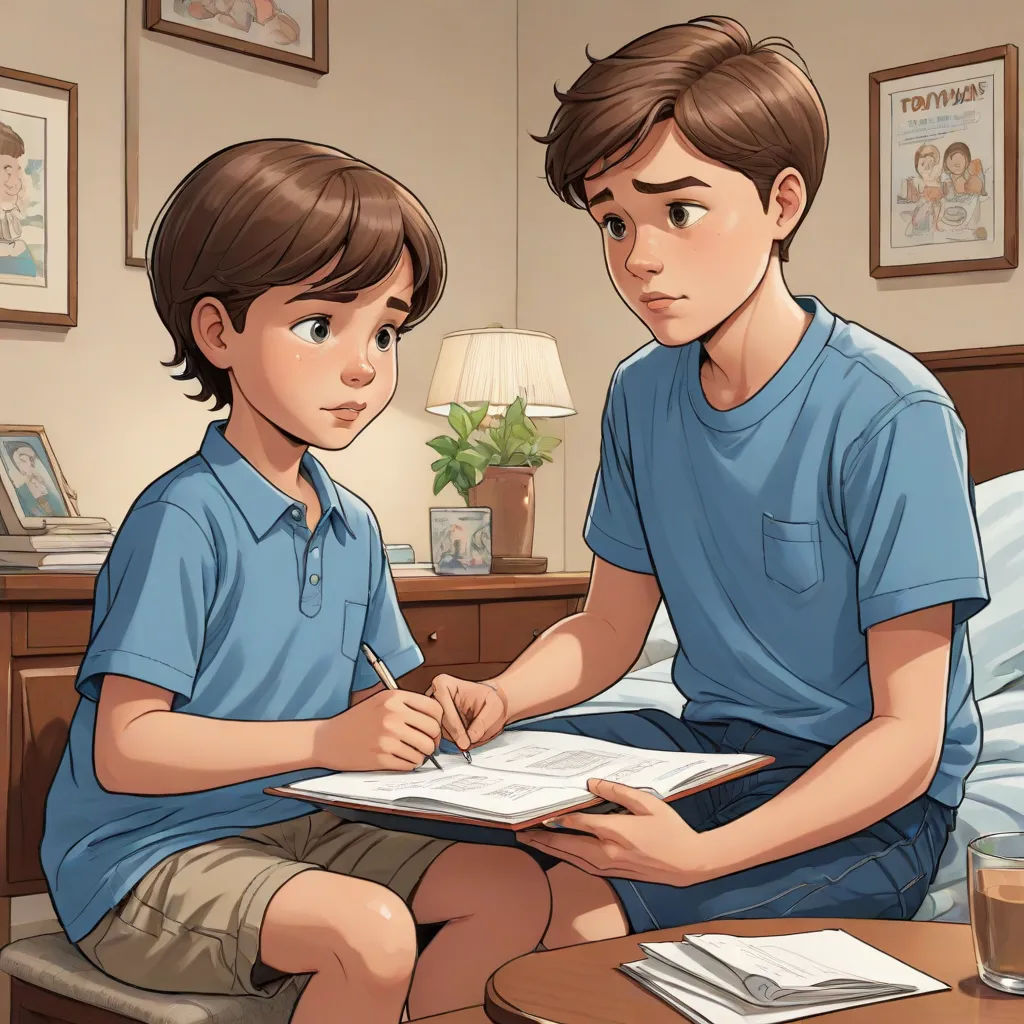 a boy and a boy sitting on a bed writing in a notebook and a glass of water on the table, sots art, a storybook illustration, Brothers Hildebrandt, graphic novel