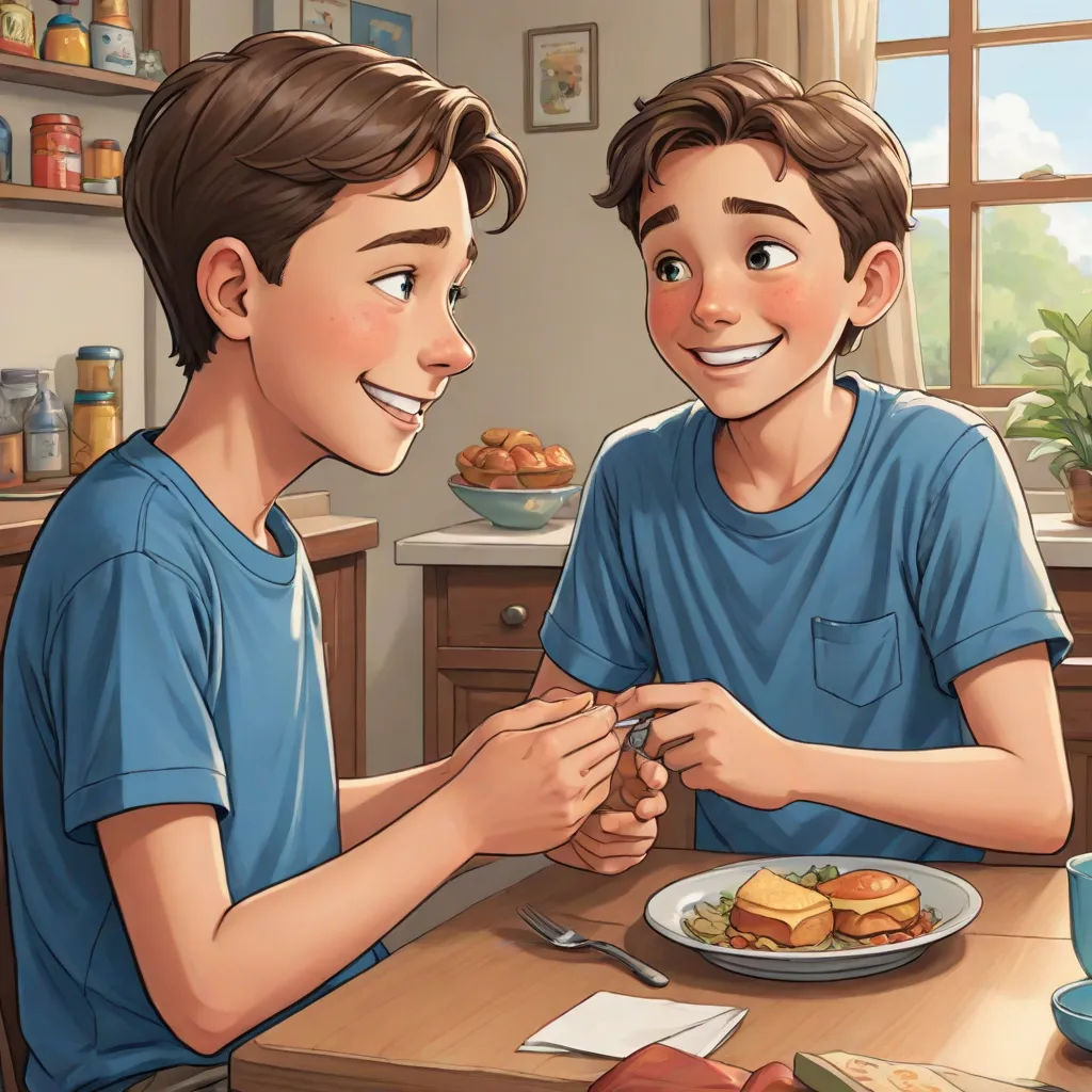 a boy and a boy are sitting at a table eating food together, with a plate of food in front of them, sots art, a storybook illustration, Aaron Jasinski, official art