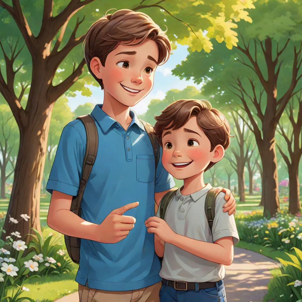 a boy and a boy are standing in the park and pointing at something with a finger to his chest, american scene painting, a storybook illustration, Alejandro Burdisio, official art