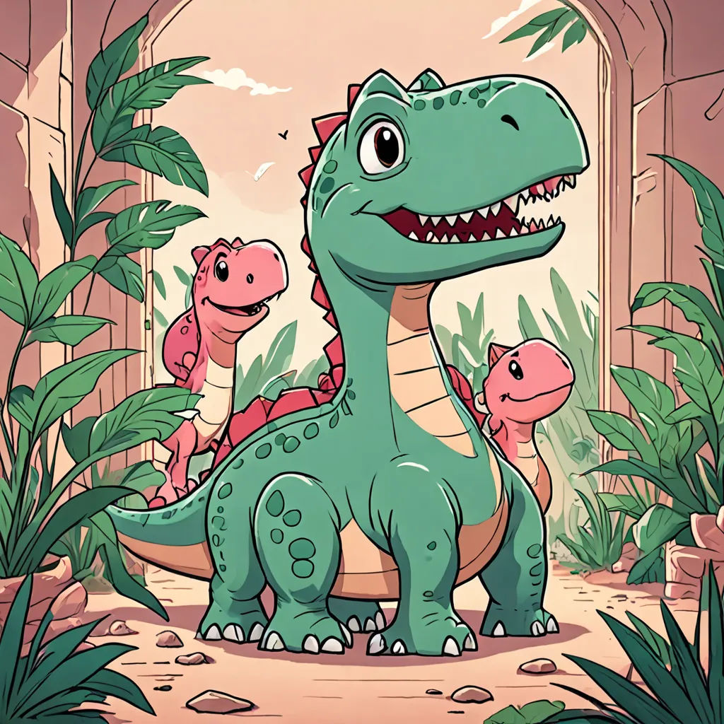 a dinosaur and two small dinosaurs in a jungle setting with a doorway in the background and a plant in the foreground, fantasy art, a storybook illustration, Adam Rex, rossdraws global illumination