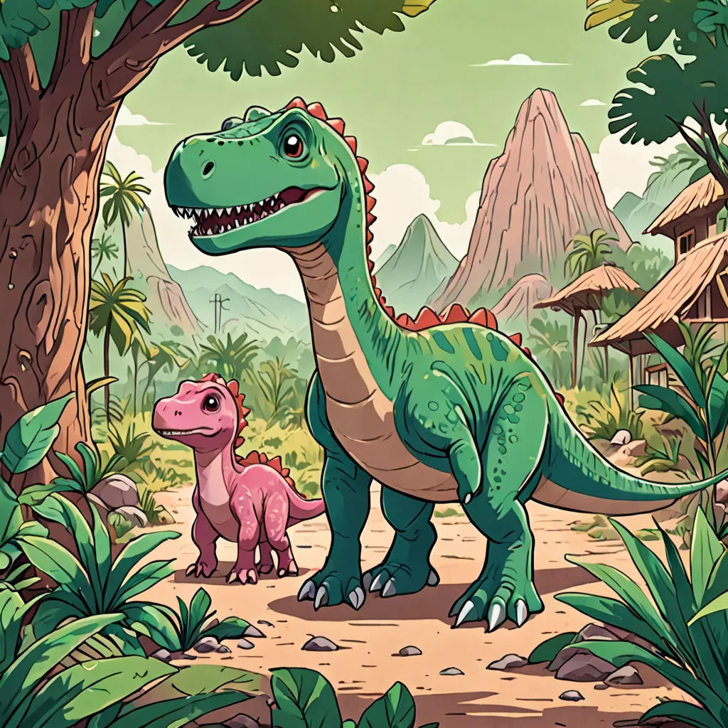 a dinosaur and a baby dinosaur in a jungle setting with a mountain in the background and a hut in the background, primitivism, a storybook illustration, Adam Rex, rossdraws global illumination