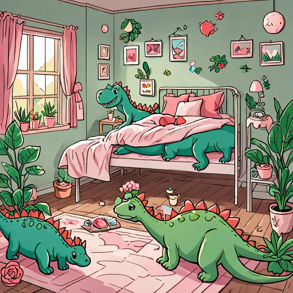 a bedroom with a bed, a dinosaur rug and a rug on the floor and a rug on the floor, environmental art, a storybook illustration, Adam Rex, plants