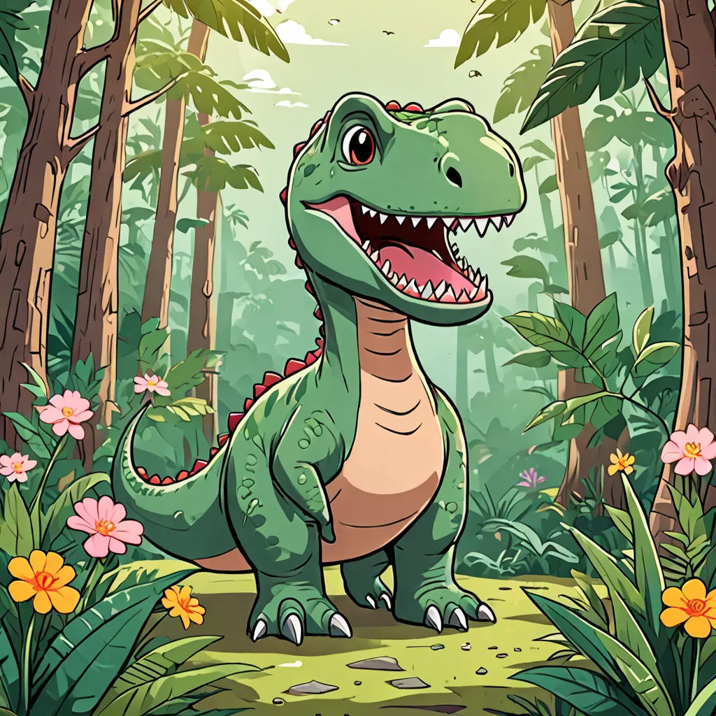 a dinosaur in the jungle with flowers and trees around it, with a large open mouth and sharp teeth, lyco art, a character portrait, Adam Rex, game art