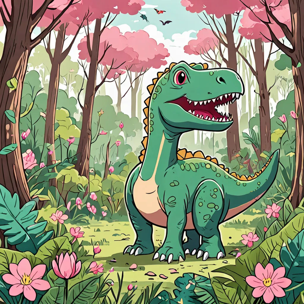 a dinosaur in the forest with flowers and trees in the background, with a bird flying over it, and a bird in the foreground, fantasy art, a storybook illustration, Adam Rex, rossdraws global illumination