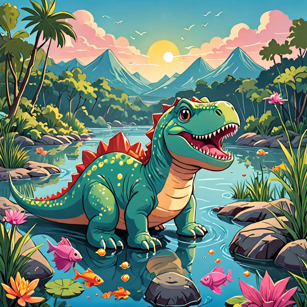a dinosaur is standing in the water near a mountain range with flowers and plants on it's side, lyco art, a storybook illustration, Chris LaBrooy, high detail illustration