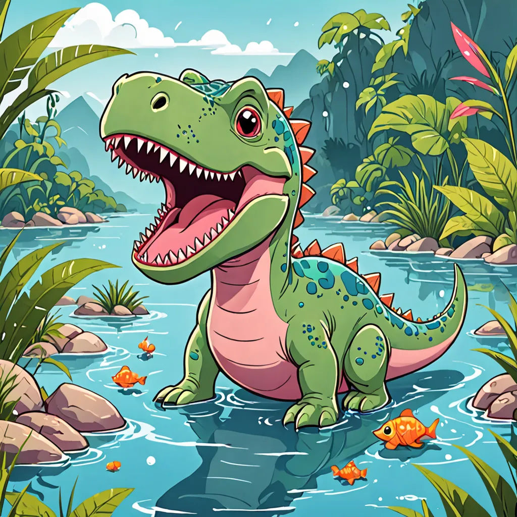a cartoon dinosaur in a river with a fish in it's mouth and a fish in its mouth, lyco art, a storybook illustration, Adam Rex, game art